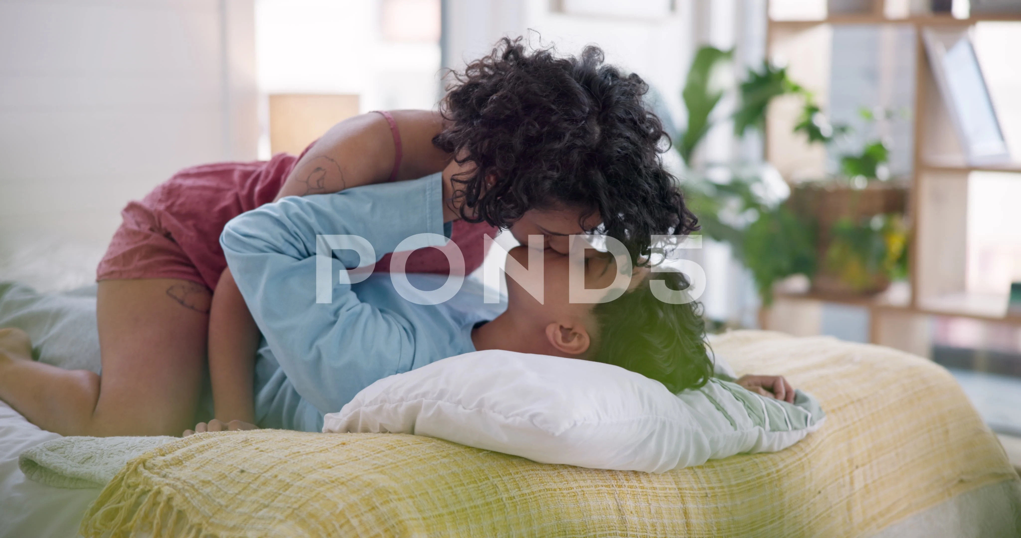 Love, bedroom and lesbian couple kiss, smile and gen z gay women,  transgender