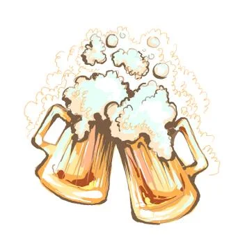 Love beer-handdrawn colored vector illustration with two mugs which collide with Stock Illustration
