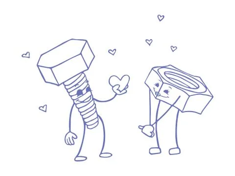 Love between bolt and nut. Vector doodle sketch. Vector illustration on white Stock Illustration