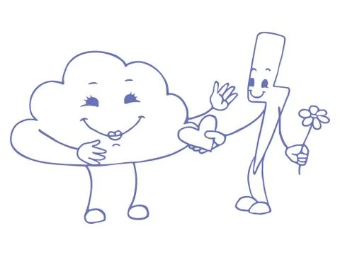 Love between cloud and lightning. Vector doodle sketch. Vector illustration on Stock Illustration