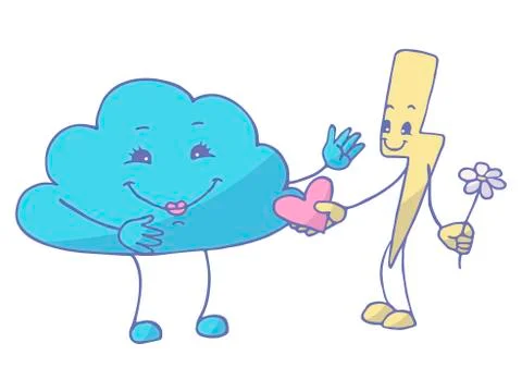 Love between cloud and lightning. Vector illustration on white background. Stock Illustration