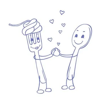 Love between fork and spoon. Vector doodle sketch. Vector illustration on white Stock Illustration