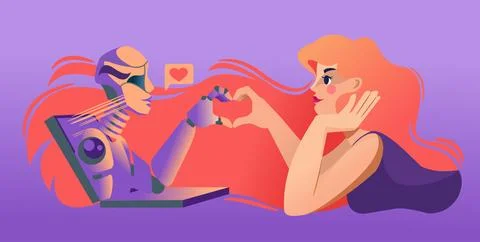 Love between man and robot leaning out of laptop, and together making heart out Stock Illustration