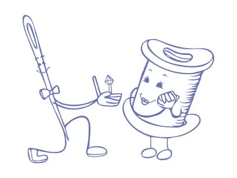 Love between needle and thread. Vector doodle sketch. Vector illustration on Stock Illustration