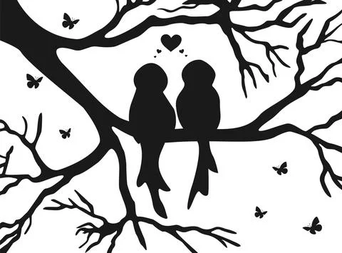 Love birds silhouette. Valentine tree bird black and white Stock Illustration