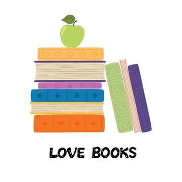 Love books. Stack of books with apple. Pile of books vector illustration. Icon Stock Illustration