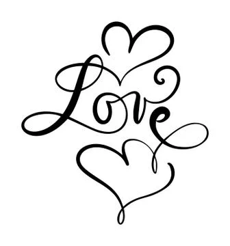 Love calligraphic vector text with romantic hearts. Handwritten ink lettering Illustrazione stock