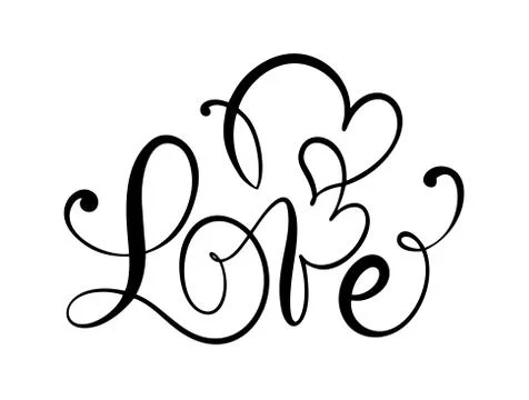 Love calligraphic vector text with romantic hearts. Handwritten ink lettering Ilustração Stock
