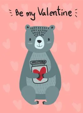 Love card  vector flat design hand drawn blue teddy hold bottle of heart Stock Illustration
