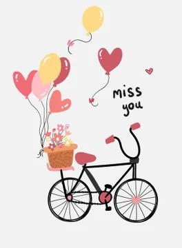 Love card  vector flat design hand drawn bicycle with flower and heart balloo Stock Illustration