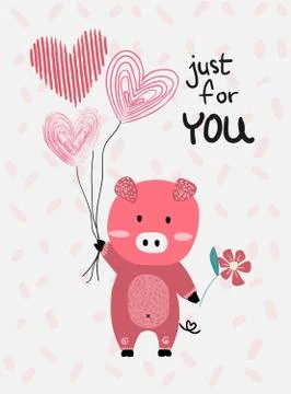 Love card  vector flat design hand drawn love card  vector pink pig hold hear Stock Illustration