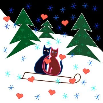 Love cats sledge ride through the snowy hillside. Stock Illustration