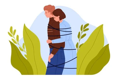 Love codependency in couple, personality separation, hug of man and woman tied Stockillustratie
