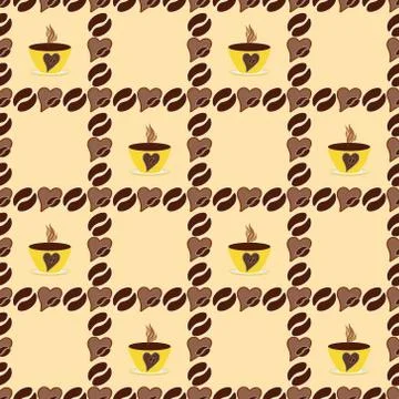 Love coffee seamless pattern. Texture checkered beans, cups, hearts of brown Illustrazione stock