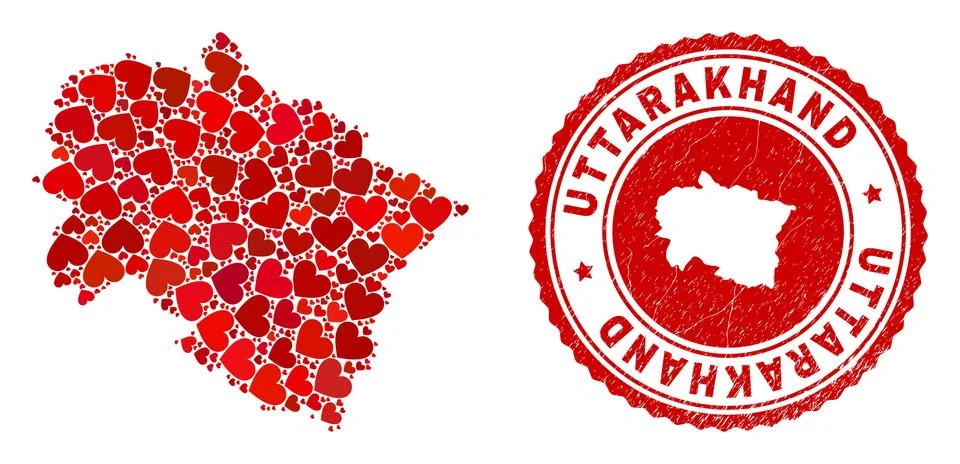 Love Collage Uttarakhand State Map and Grunge Badge with Map Inside Stock Illustration