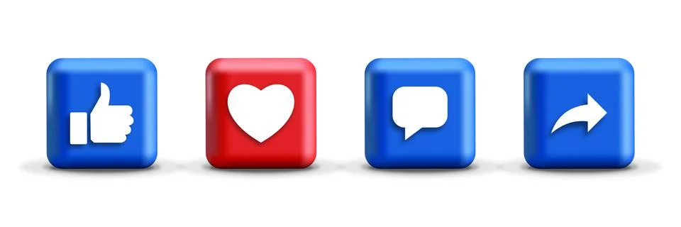 Like love comment share buttons in 3d modern square social media notification Stock Illustration
