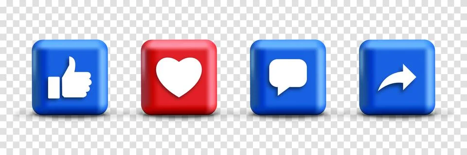 Like love comment share buttons in 3d modern square social media notification Stock Illustration