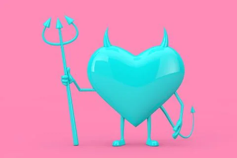 Love Concept. Blue Evil Devil Heart Cartoon Mackot Character Person with Pitc Stock Illustration