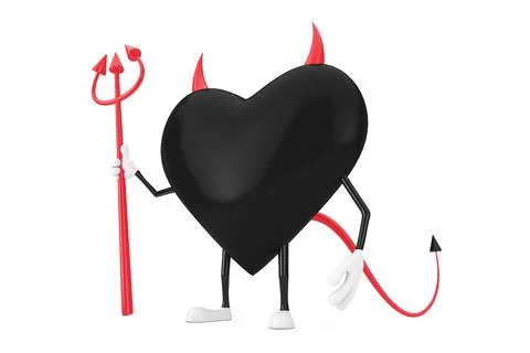 Love Concept. Evil Devil Heart Cartoon Mackot Character Person with Pitchfork Stock Illustration