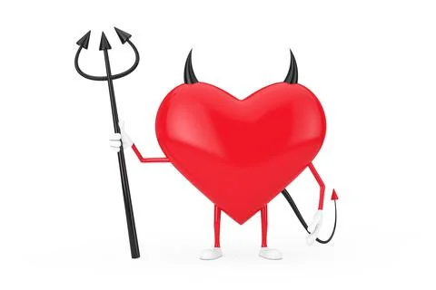 Love Concept. Evil Devil Heart Cartoon Mackot Character Person with Pitchfork Stock Illustration