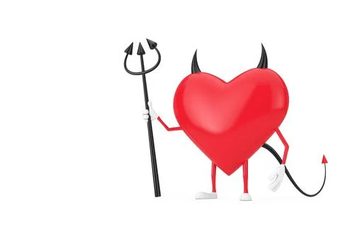 Love Concept. Evil Devil Heart Cartoon Mackot Character Person with Pitchfork Stock Illustration