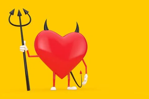 Love Concept. Evil Devil Heart Cartoon Mackot Character Person with Pitchfork Stock Illustration