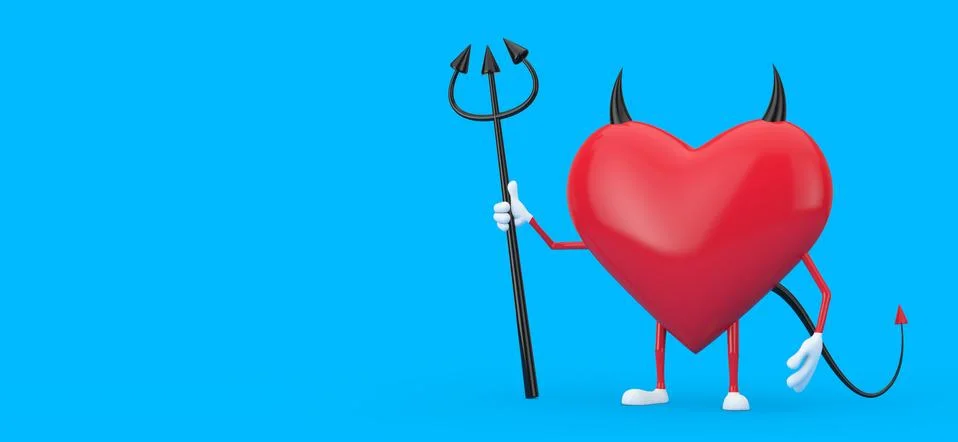Love Concept. Evil Devil Heart Cartoon Mackot Character Person with Pitchfork Stock Illustration