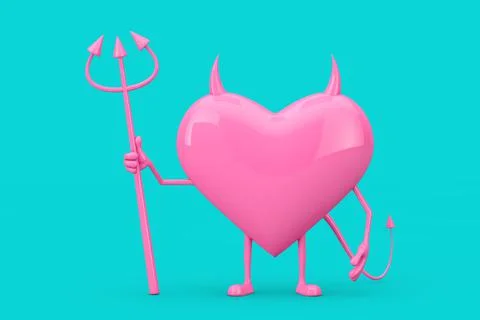 Love Concept. Pink Evil Devil Heart Cartoon Mackot Character Person with Pitc Stock Illustration