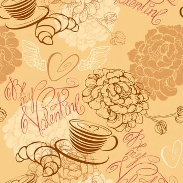 Love concept - seamless pattern with cup of coffee, croissant, flowers and ca Stock Illustration
