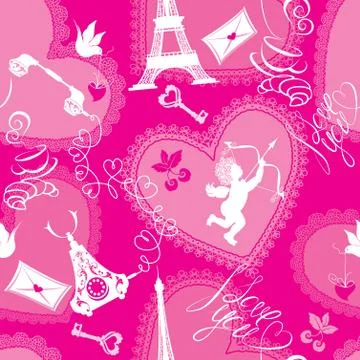 Love concept - seamless pattern with lace hearts, cup of coffee, croissant, a Stock Illustration