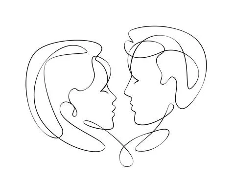 Love, continuous one line drawing. Abstract loving couple kissing. Faces men and Stock Illustration