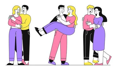 Love couple hug vector set linear 스톡 일러스트