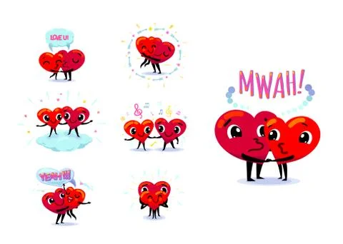 Love couple set. Scenes with two funny cute flat cartoon hearts Stock Illustration