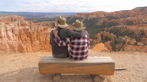 Love Couple Sit On The Log, Looking At A Picturesque View Of The Bryce Canyon Stock Footage 88911867