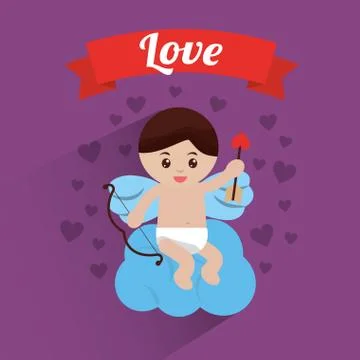 Love cupid sitting in cloud hearts background Stock Illustration