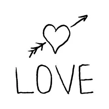 Love cursive text, hand drawn with heart and arrow isolated on white background Illustrazione stock