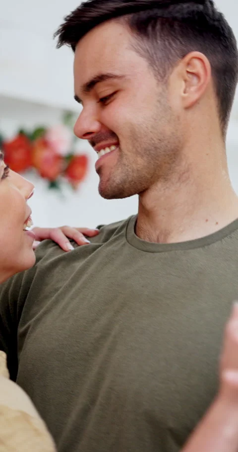 Love, dancing or couple in home with fun, romantic moment or bonding together on Stock Footage 337150727