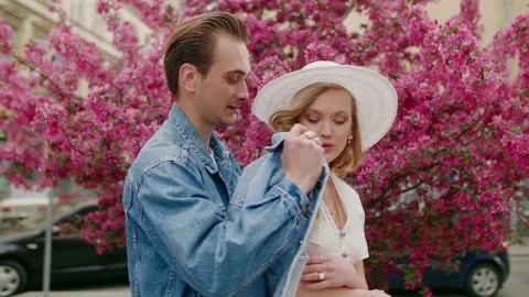 Love dates care conception. Young happy smiling fashionable couple posing near Stock Footage 130353420