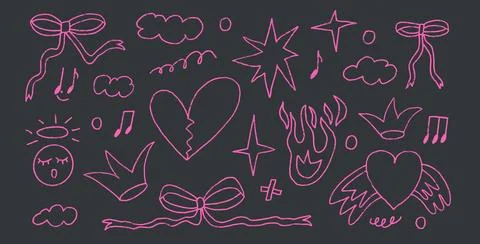 Love doodle background. Scribble grunge elements. Hearts, fire, bows and sketch Stock Illustration