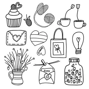Love doodle elements. Cute hand-drawn set of icons. Vector illustration. Desi Illustrazione stock
