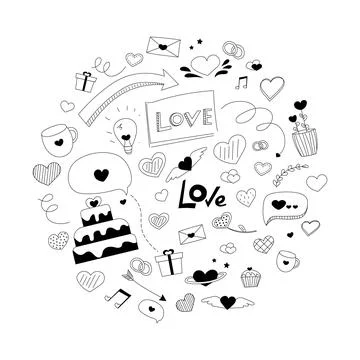 Love doodle elements set in circle - cake, hearts, lettering, messages, flowers Illustrazione stock