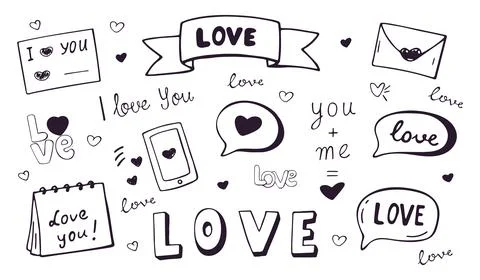 Love Doodle Elements Set Hand Drawn Outline Isolated on White Background Stock Illustration