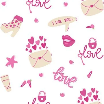 Love doodle pink seamless pattern. Valentines day Stock Illustration