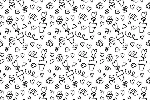 Love doodle seamless pattern. Flower, heart shape elements in line style on Stock Illustration