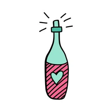 Love elixir bottle with heart isolated on white in doodle style. Hand drawn love Stock Illustration