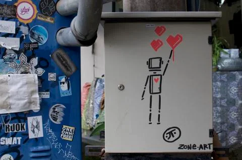 In love falling robot graffiti Stock Photos