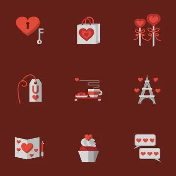 Love flat vector icons on red 스톡 일러스트