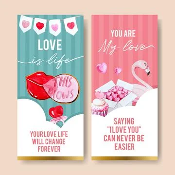 Love flyer design with lip, candy, flamingo watercolor illustration Stock Illustration