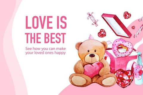 Love frame design with teddy bear, box, candy watercolor illustration. Stock Illustration