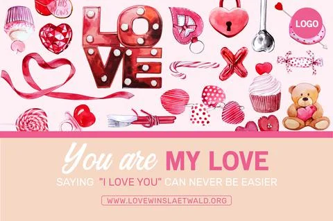 Love frame design with teddy bear, heart watercolor illustration. Stock Illustration
